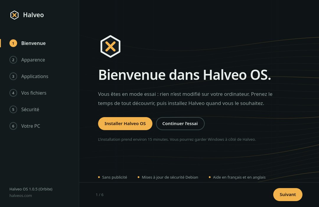 Halveo Bienvenue, écran d’accueil en mode essai avec le bouton Installer Halveo OS