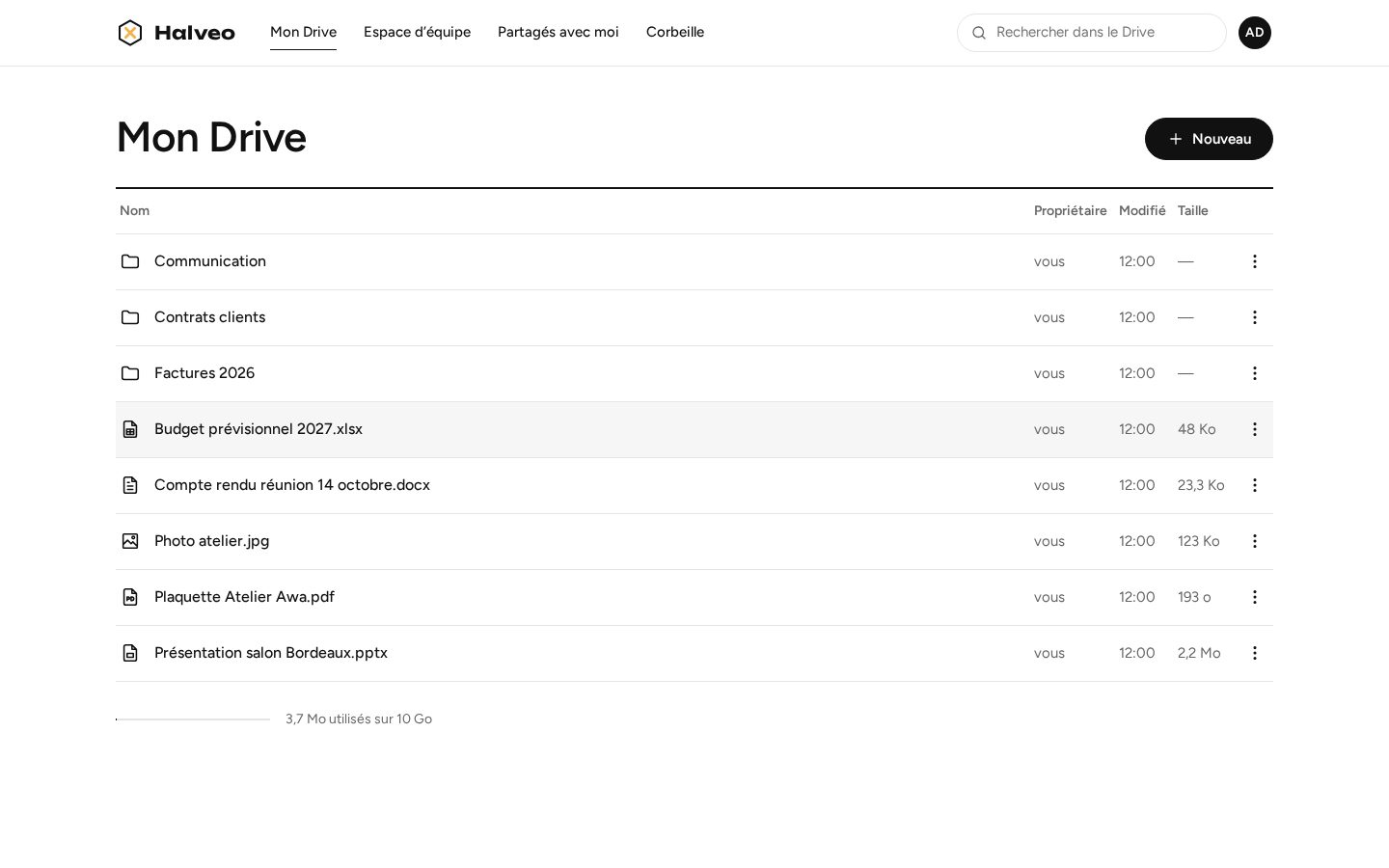 Halveo Drive: an organization’s folders and files with owner, modification date and size