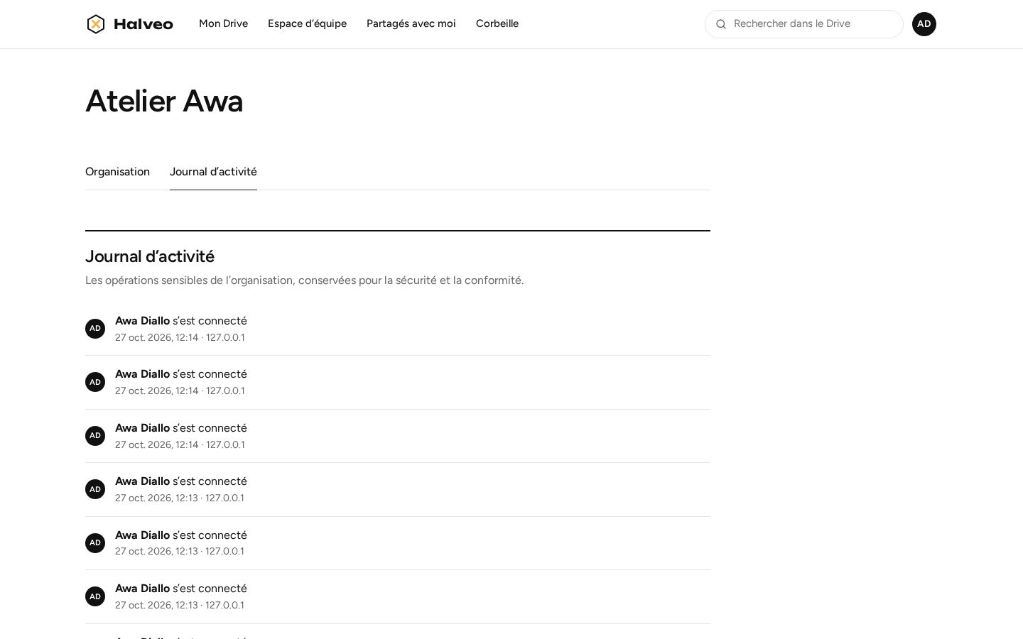 Organization activity log: shares, uploads and new members