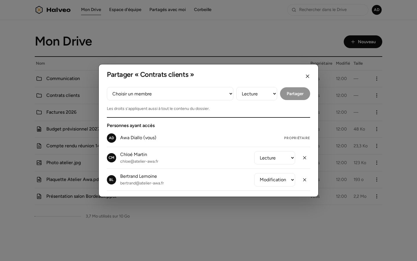 Folder sharing dialog: one colleague can view, another can edit