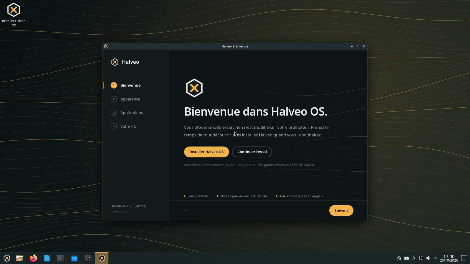 Bureau Halveo OS en mode essai avec Halveo Bienvenue