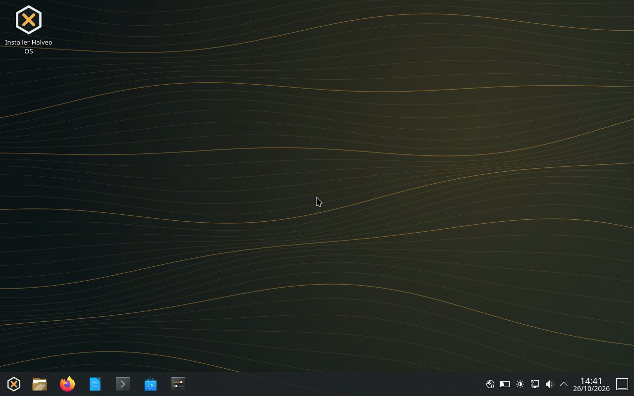 Halveo OS desktop: Contours wallpaper, “Install Halveo OS” icon and taskbar with the Halveo menu, Files, Firefox, LibreOffice Writer, Terminal, Software centre and Settings