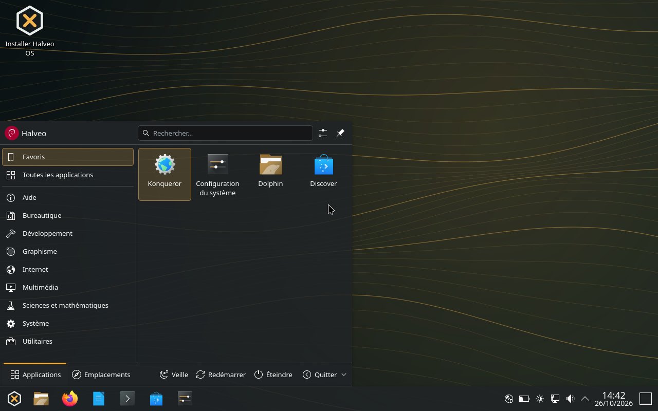 Halveo OS desktop with the Halveo menu open: favourites, app categories and search, taskbar at the bottom of the screen